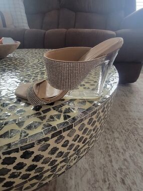 Rhinestone Slip-On Mule Heels in Taupe
